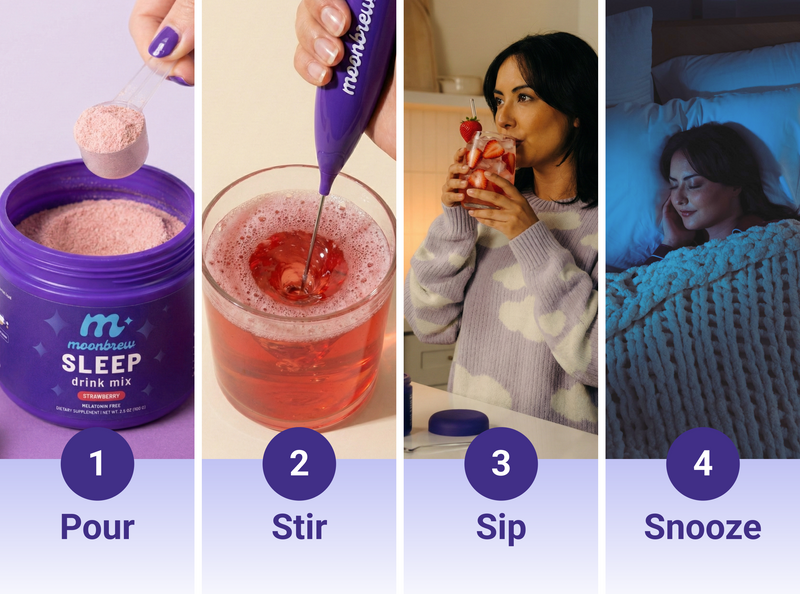 Four-step sequence showing Pour, Stir, Sip, Snooze to prepare MoonBrew Sleep strawberry drink