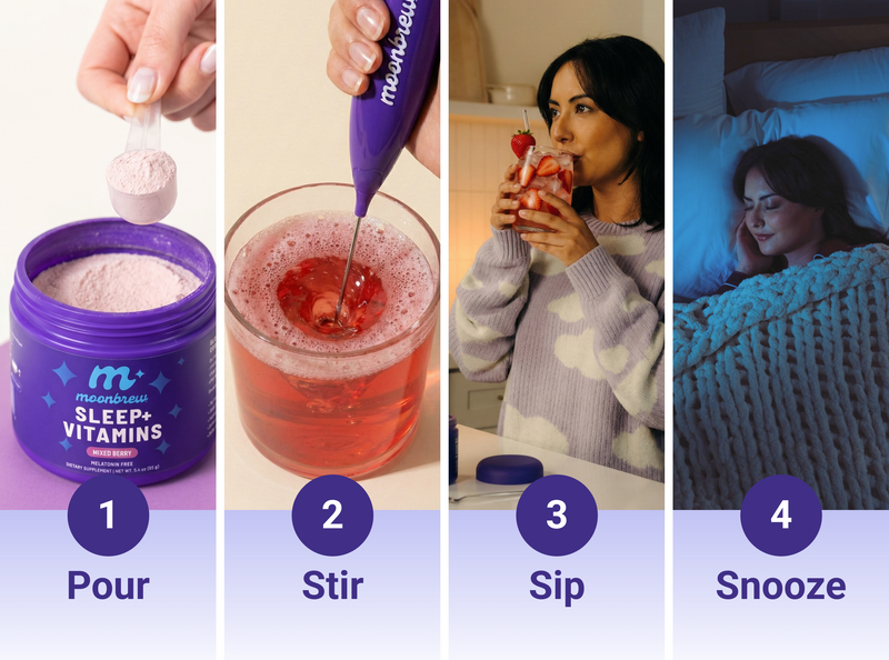 Four-step panel showing how to prepare MoonBrew Sleep + Vitamins: 1 Pour, 2 Stir, 3 Sip, 4 Snooze