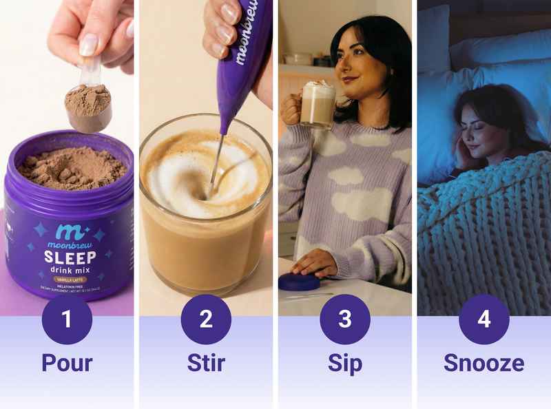 Four-step instructional graphic showing how to prepare MoonBrew sleep drink (Vanilla Latte): 1 Pour powder, 2 Stir with frother, 3 Sip, 4 Snooze