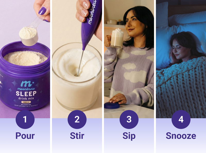 Four-step infographic showing how to prepare MoonBrew Sleep (Vanilla): Pour, Stir, Sip, Snooze