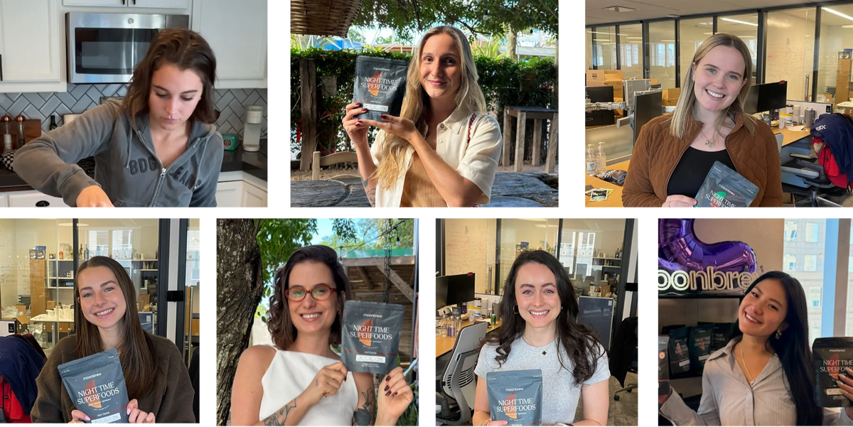 MoonBrew team members holding Night Time Superfoods pouches in office and outdoor settings