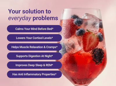 Promotional banner 'Your solution to everyday problems' listing six sleep benefits including calming mind and improving REM