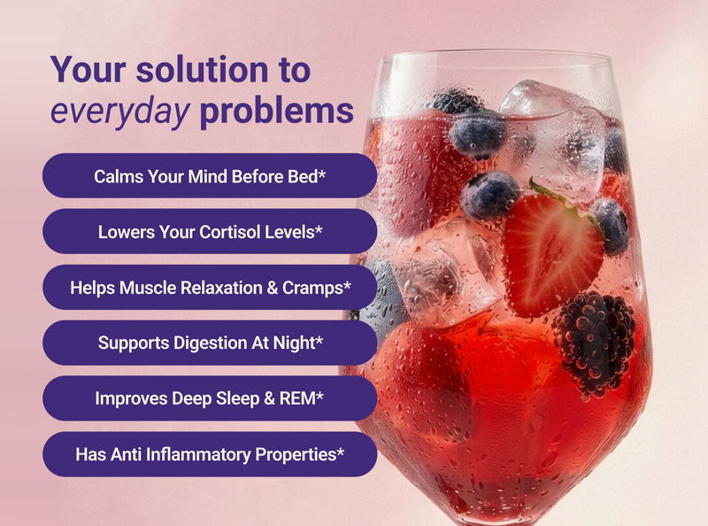 Promotional banner 'Your solution to everyday problems' listing six sleep benefits including calming mind and improving REM
