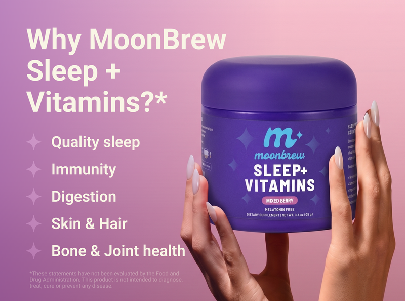 Banner headline Why MoonBrew Sleep + Vitamins? with benefits like better sleep and immunity and a jar of Sleep+ Vitamins