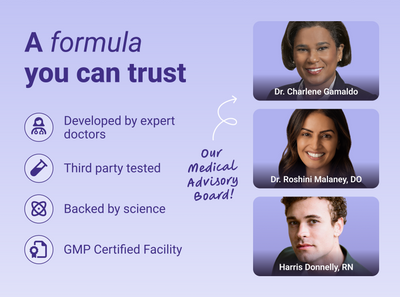 Informational graphic showing ‘A formula you can trust’ and four trust points with portraits of three medical advisors