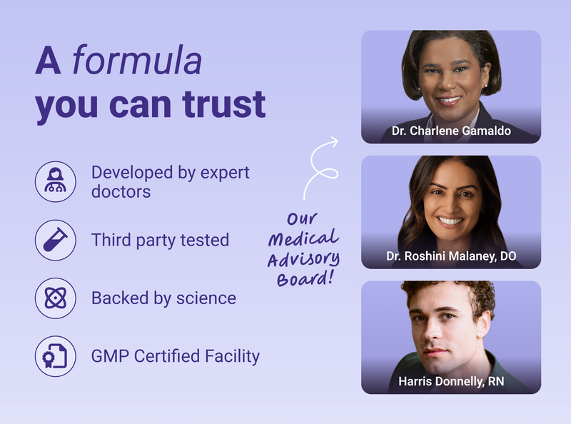 Informational graphic showing ‘A formula you can trust’ and four trust points with portraits of three medical advisors