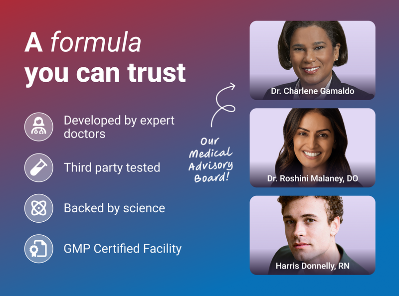 Banner reading ‘A formula you can trust’ listing four assurances and showing three medical advisors