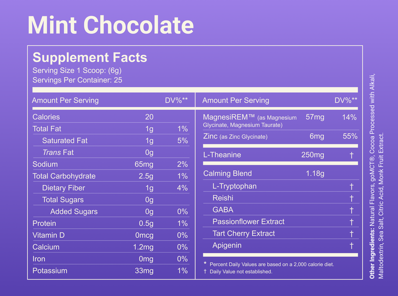 Supplement facts Mint Chocolate, 1 scoop (6 g), Magnesium 57 mg, Zinc 6 mg, L Theanine 250 mg, Calming blend 1.18 g