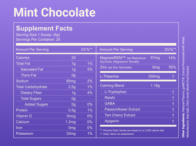 Nutrition facts label showing Mint Chocolate supplement facts: serving size 1 scoop (6g), 20 calories, 57 mg magnesium, 250 mg L-Theanine, 1.18 g calming blend