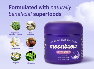 Banner showing headline Formulated with naturally beneficial superfoods, MoonBrew Mixed Berry tub, and ingredient icons