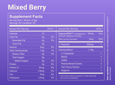 Supplement Facts, Mixed Berry - 1 scoop (3.3 g), 25 servings; MagnesiREM 57mg, Zinc 6mg, L-Theanine 250mg, calming blend 1.18g