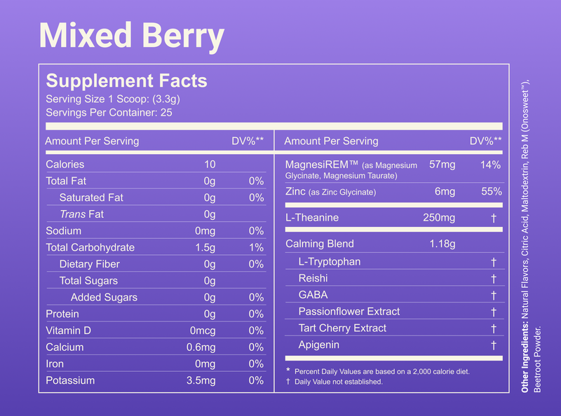 Supplement Facts, Mixed Berry - 1 scoop (3.3 g), 25 servings; MagnesiREM 57mg, Zinc 6mg, L-Theanine 250mg, calming blend 1.18g