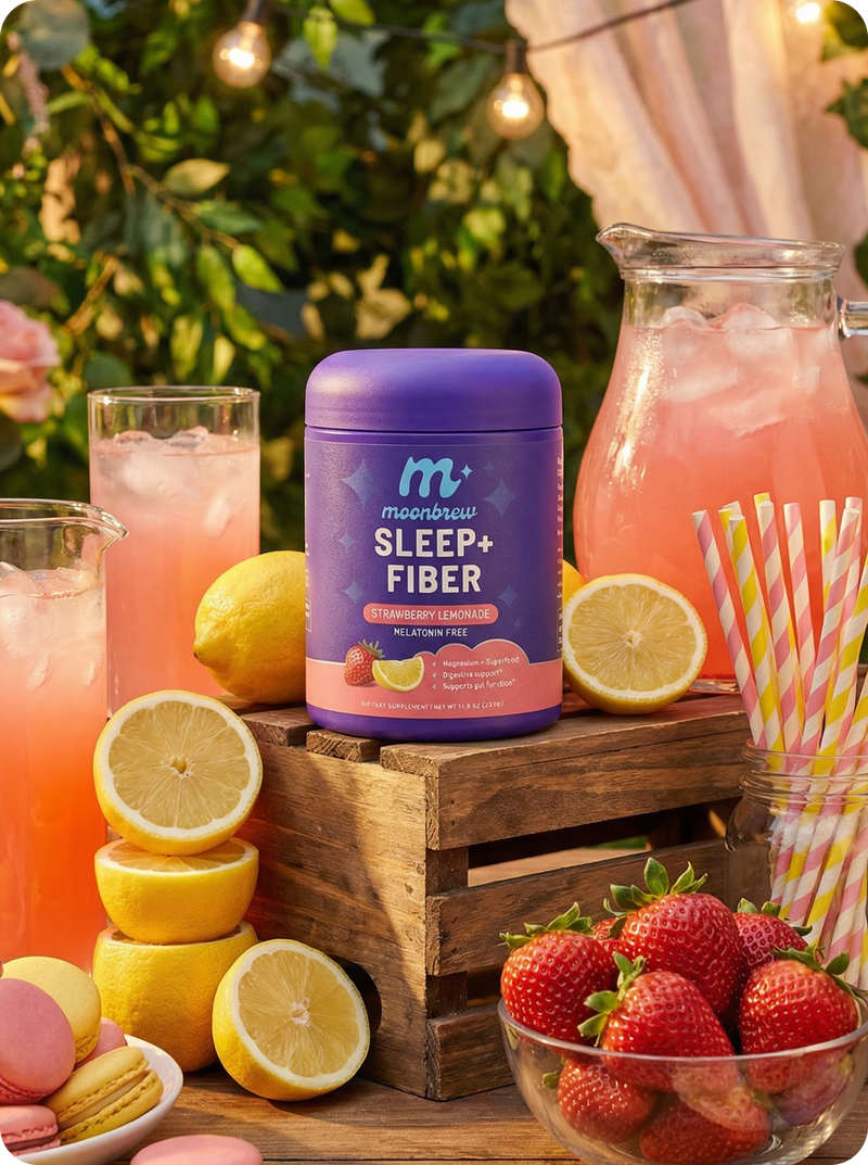 Front view of Sleep+ Fiber strawberry lemonade tub on crate with lemons, strawberries and a pitcher of pink drink