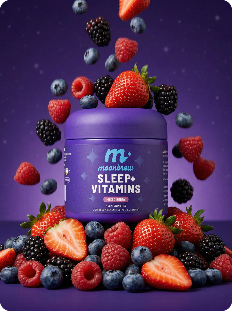 Front of MoonBrew Sleep+ Vitamins jar showing Mixed Berry label with fresh berries on purple background