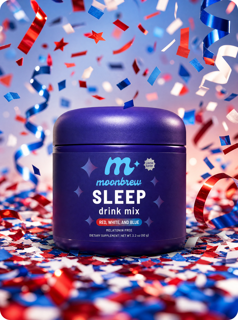 Front of MoonBrew Sleep jar, purple finish, ‘SLEEP drink mix’ label, limited edition Red White Blue confetti background