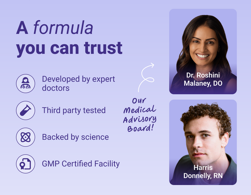 Infographic titled ‘A formula you can trust’ listing: Expert doctors; Third-party tested; Science-backed; GMP certified