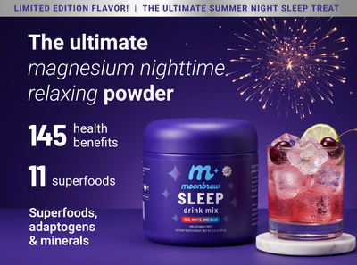 Banner showing MoonBrew Sleep jar (Red, White, and Blue flavor) and drink, text ‘The ultimate magnesium nighttime relaxing powder’, ‘145 health benefits’, ‘11 superfoods’