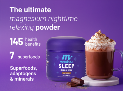 Front view of MoonBrew Sleep hot cocoa jar with headline magnesium nighttime relaxing powder, mug and chocolate on purple background
