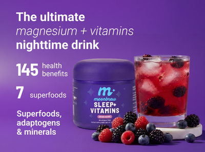 Banner showing Sleep+ jar and berry drink with overlay 'magnesium + vitamins nighttime drink'; '145 benefits, 7 superfoods'