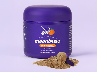 Front view of MoonBrew Pumpkin Spice powder jar showcasing purple container and a scoop of brown powder on a light purple background