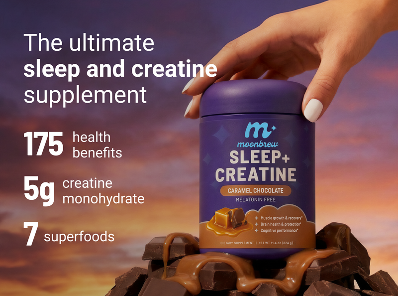 Front view of Sleep and Creatine tub with headline The ultimate sleep and creatine supplement and callouts 175 health benefits, 5g creatine monohydrate, 7 superfoods