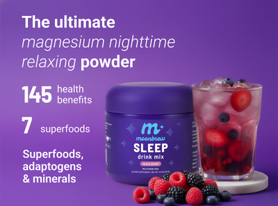 MoonBrew Sleep tub, glass, and berries on purple background; overlay text ‘The ultimate magnesium nighttime relaxing powder,’ includes 145 health benefits and 7 superfoods