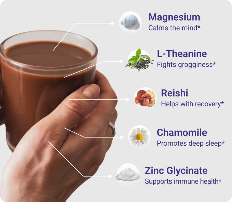 Callout infographic listing five ingredients: Magnesium, L-Theanine, Reishi, Chamomile, Zinc Glycinate