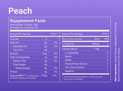 Supplement facts for Peach showing serving size 1 scoop, 25 servings, 5 calories, MagnesiREM 57 mg, zinc 6 mg, calming blend