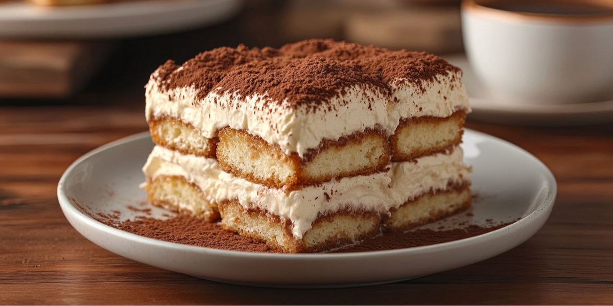 Close-up view of tiramisu slice showing layers of cream and coffee-soaked ladyfingers dusted with cocoa on a white plate