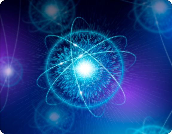 Glowing blue atom illustration with bright central nucleus and translucent electron orbit rings on purple-blue background
