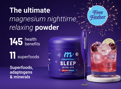 Banner showing MoonBrew Sleep jar (Red, White, and Blue flavor) and drink, text ‘The ultimate magnesium nighttime relaxing powder’, ‘145 health benefits’, ‘11 superfoods’