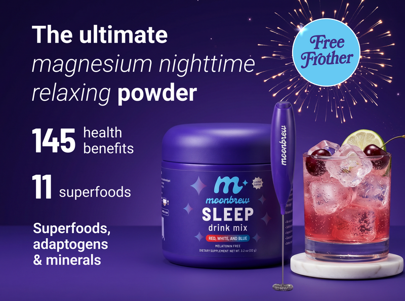Banner showing MoonBrew Sleep jar (Red, White, and Blue flavor) and drink, text ‘The ultimate magnesium nighttime relaxing powder’, ‘145 health benefits’, ‘11 superfoods’