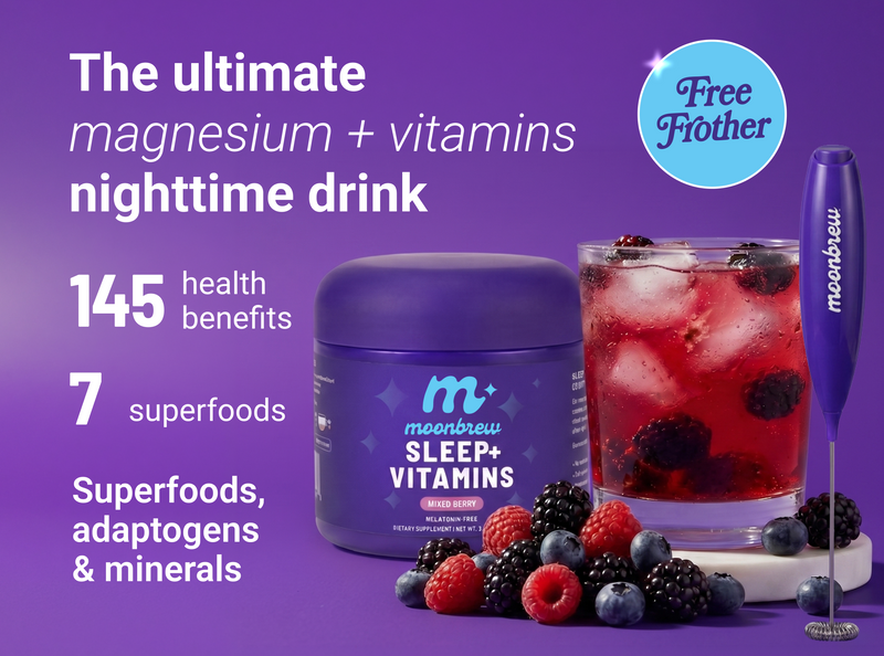 MoonBrew Sleep+ Vitamins mixed berry jar and glass of berry drink, headline: magnesium and vitamins nighttime drink on purple