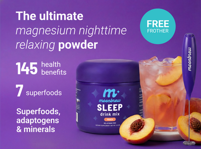 Banner showing MoonBrew Sleep peach drink mix, headline 'The ultimate magnesium nighttime relaxing powder' and 'FREE frother'
