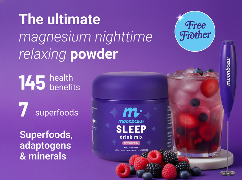 Front view of MoonBrew Sleep tub labeled ultimate magnesium sleep powder with berry drink and frother on purple background, includes 145 health benefits and 7 superfoods, includes free frother