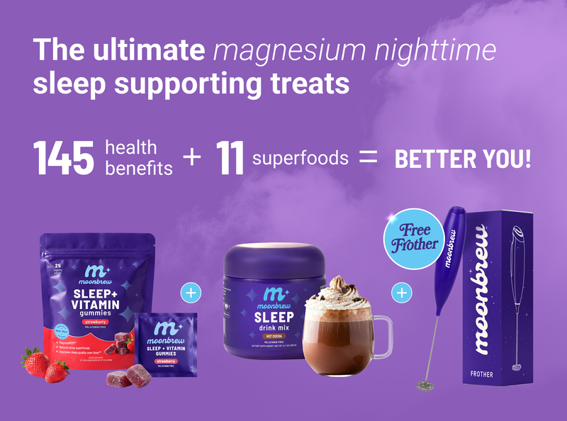 Banner: ‘Ultimate magnesium nighttime sleep treats’ and ‘145 health benefits + 11 superfoods’ includes free frother