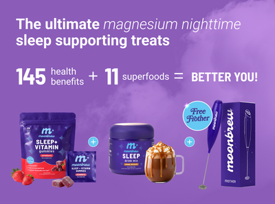 Banner: ‘Ultimate magnesium nighttime sleep treats’ and ‘145 health benefits + 11 superfoods’ includes free frother