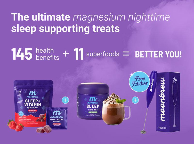 Banner: ‘Ultimate magnesium nighttime sleep treats’ and ‘145 health benefits + 11 superfoods’ includes free frother
