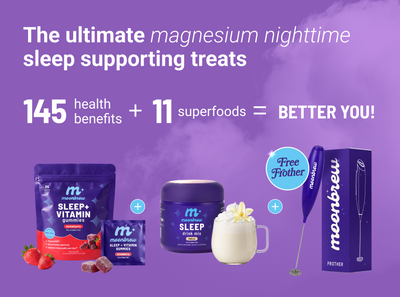 Banner: ‘Ultimate magnesium nighttime sleep treats’ and ‘145 health benefits + 11 superfoods’ includes free frother