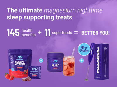 Banner: ‘Ultimate magnesium nighttime sleep treats’ and ‘145 health benefits + 11 superfoods’ includes free frother