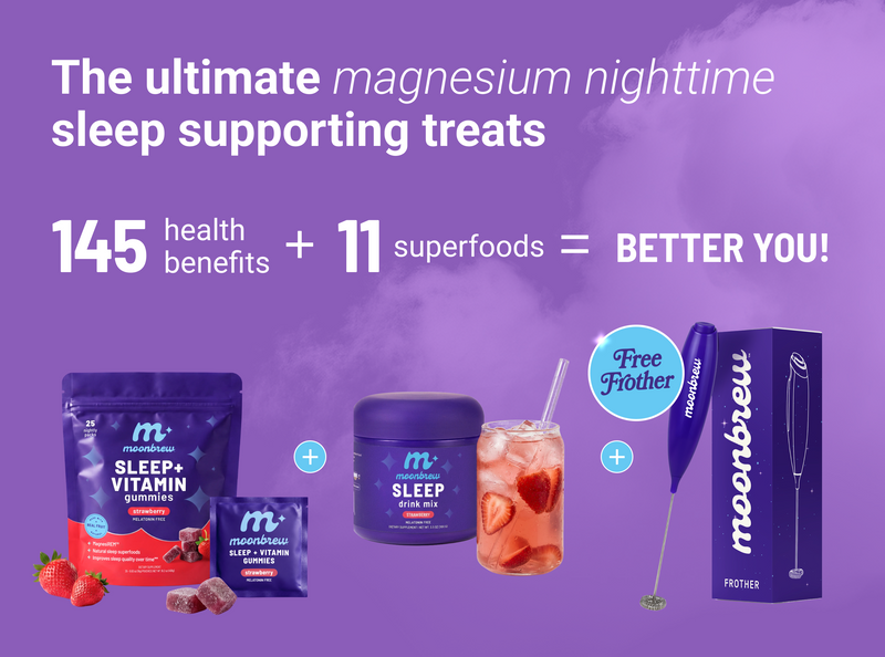 Banner: ‘Ultimate magnesium nighttime sleep treats’ and ‘145 health benefits + 11 superfoods’ includes free frother
