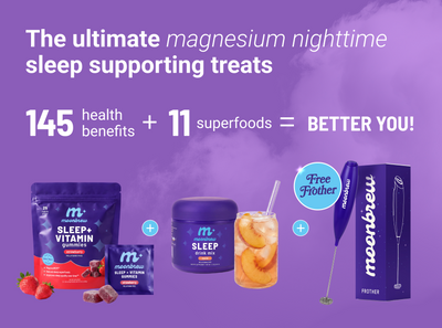 Banner: ‘Ultimate magnesium nighttime sleep treats’ and ‘145 health benefits + 11 superfoods’ includes free frother