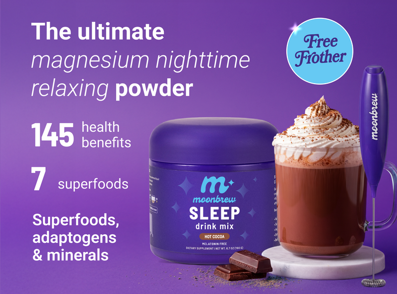 Promotional banner showing MoonBrew Sleep jar and cup with headline magnesium nighttime relaxing powder