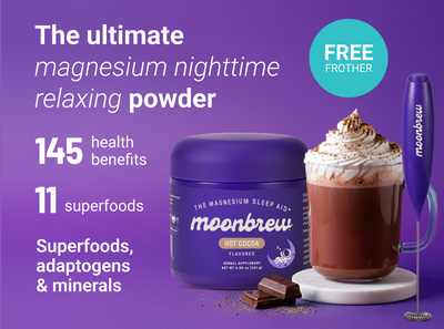 Promotional graphic showing MoonBrew Hot Cocoa jar, frother, mug and headline 'magnesium relaxing powder' with '145 benefits, 11 superfoods'