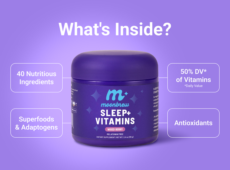 Infographic showing What's Inside? MoonBrew Sleep and Vitamins jar with callouts for 40 ingredients and 50% DV of vitamins