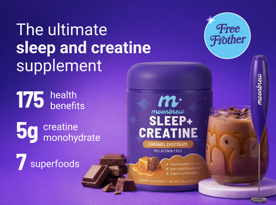Banner showing The ultimate sleep and creatine supplement, 5g creatine, 7 superfoods; caramel chocolate tub with free frother