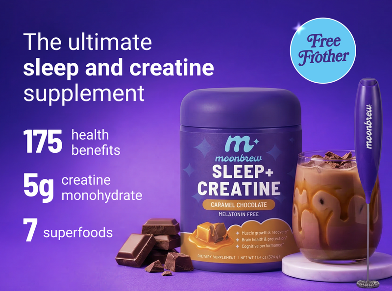 Banner showing The ultimate sleep and creatine supplement, 5g creatine, 7 superfoods; caramel chocolate tub with free frother