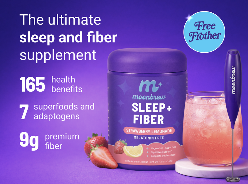 Promotional banner showing Sleep and Fiber jar and headline highlighting 165 health benefits, 7 superfoods, and 9g fiber