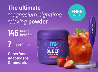 Promotional banner showing MoonBrew Sleep strawberry tub and glass, headline magnesium nighttime powder and FREE frother