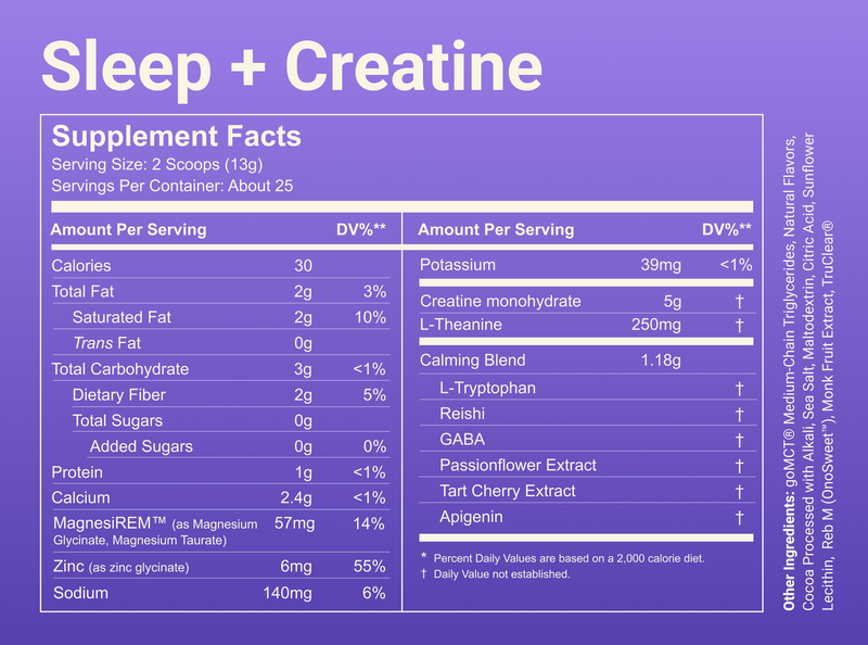 Supplement facts panel for Sleep + Creatine showing 5 g creatine, 250 mg L-theanine, MagnesiREM 57 mg, and about 25 servings